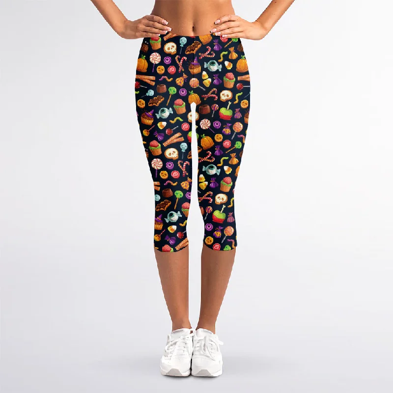 Halloween Candy Pattern Print Women's Capri Leggings Fashionable Stretchy Fit Leggings