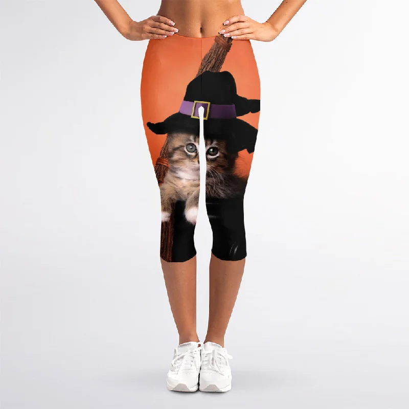 Halloween Cute Witch Cat Print Women's Capri Leggings Trendy Sweat-Wicking Workout Leggings