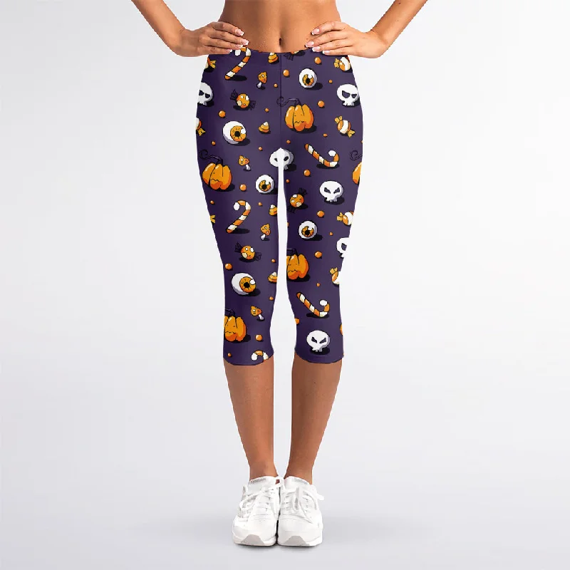 Halloween Eyeball Pattern Print Women's Capri Leggings Trendy Faux Suede Leggings