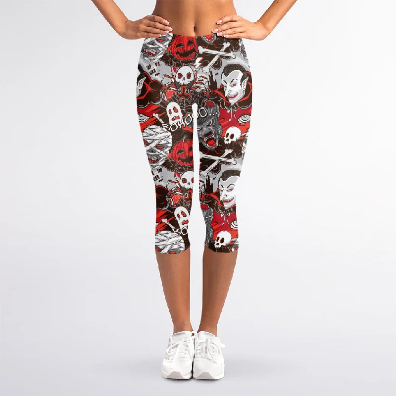 Halloween Monsters Pattern Print Women's Capri Leggings Elegant Full-Body Leggings