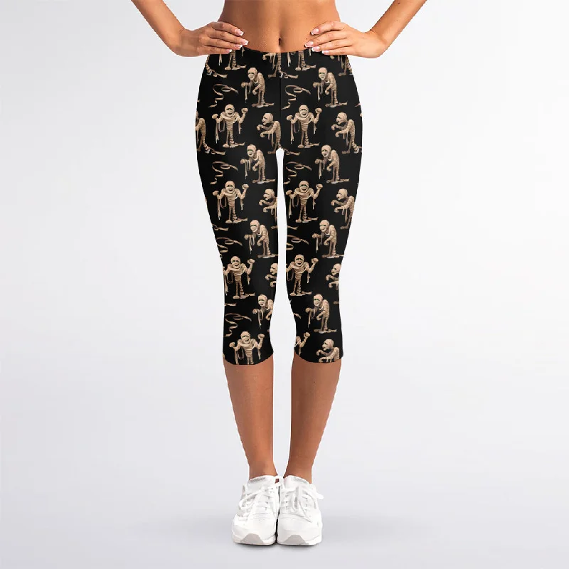 Halloween Mummy Pattern Print Women's Capri Leggings Fashionable Plus-Size Activewear