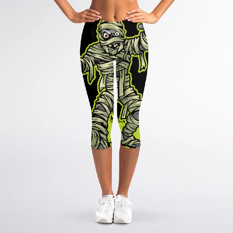 Halloween Mummy Print Women's Capri Leggings Trendy Adjustable Waist Leggings