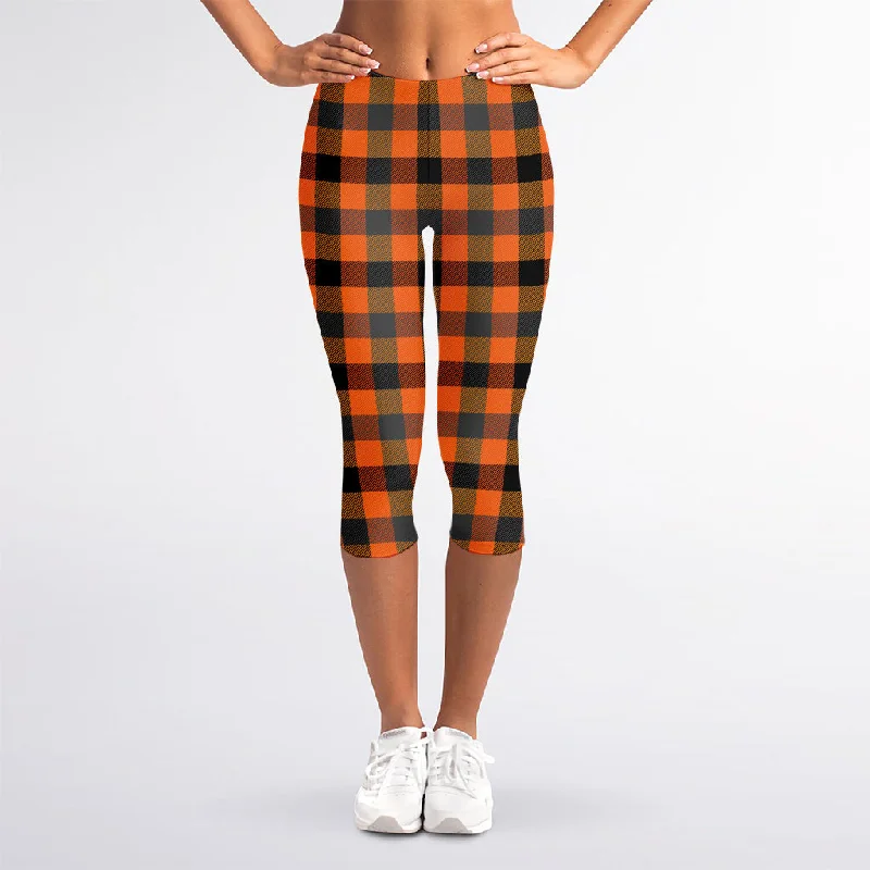 Halloween Orange Buffalo Check Print Women's Capri Leggings Comfortable Ribbed Waistband Leggings