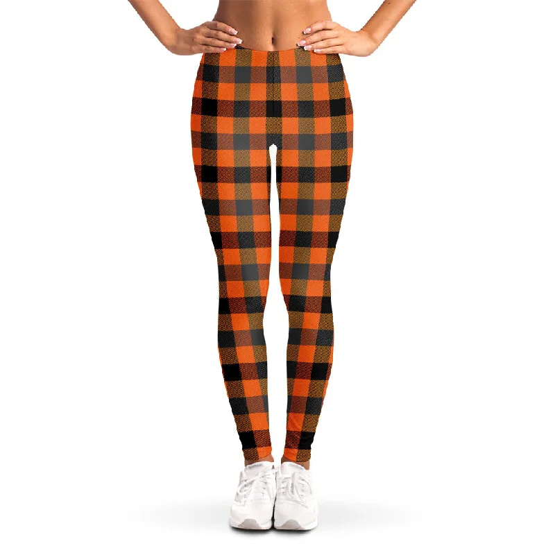 Halloween Orange Buffalo Check Print Women's Leggings Elegant Metallic Leggings