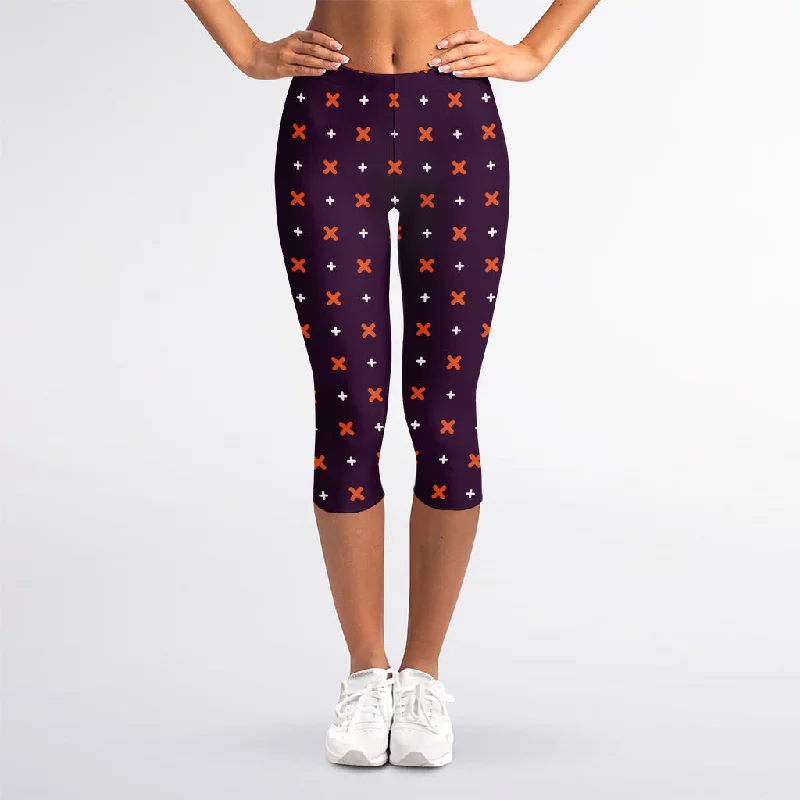 Halloween Plus And Cross Pattern Print Women's Capri Leggings Stylish Stretch Pants Leggings