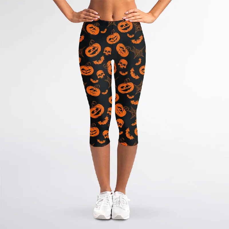 Halloween Pumpkin And Bat Pattern Print Women's Capri Leggings Comfortable Power Mesh Leggings