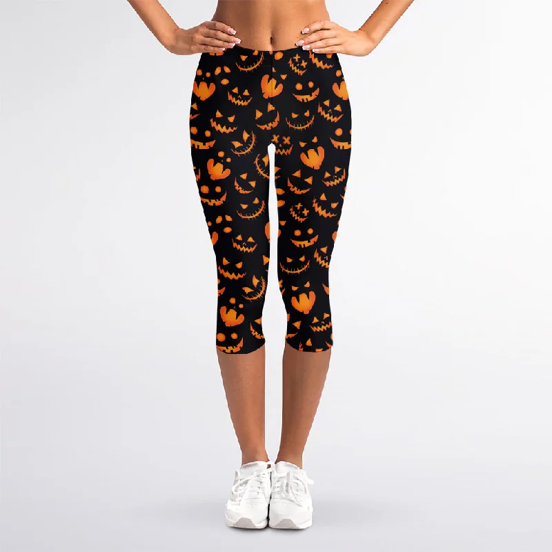 Halloween Pumpkin Faces Pattern Print Women's Capri Leggings Chic Velvet Soft Leggings