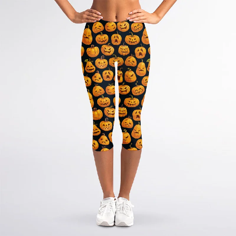 Halloween Pumpkin Jack-O'-Lantern Print Women's Capri Leggings Trendy Polka Dot Leggings