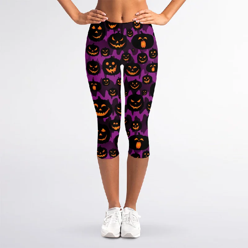 Halloween Pumpkin Smiley Faces Print Women's Capri Leggings Trendy Foil Finish Leggings