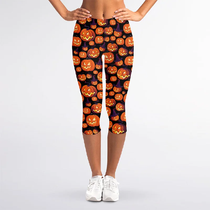 Halloween Pumpkin Witch Pattern Print Women's Capri Leggings Comfortable Yoga Tights Leggings