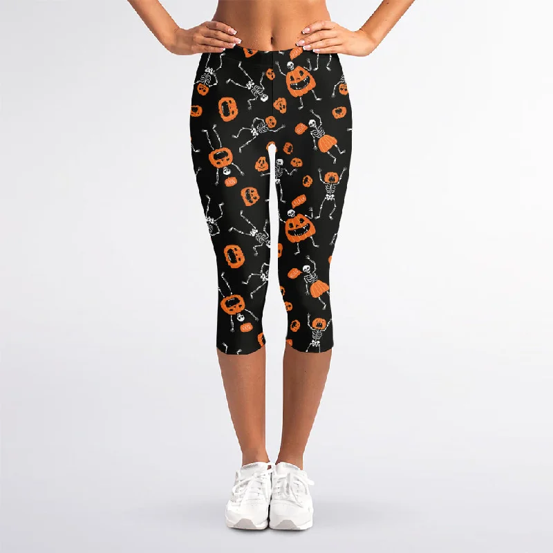 Halloween Skeleton And Pumpkin Print Women's Capri Leggings Casual Black Leggings