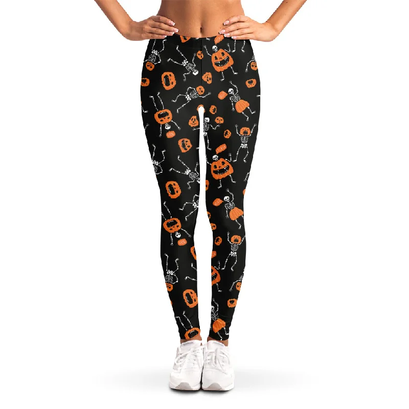 Halloween Skeleton And Pumpkin Print Women's Leggings Comfortable Ribbed Sports Leggings