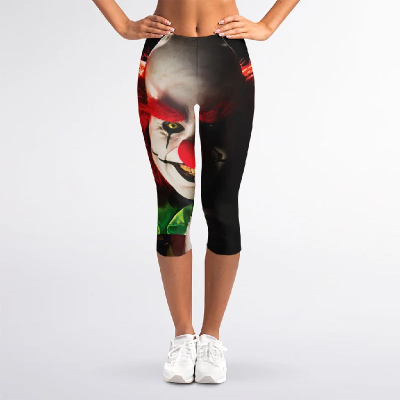 Halloween Smiling Clown Print Women's Capri Leggings Comfortable Lounge Leggings