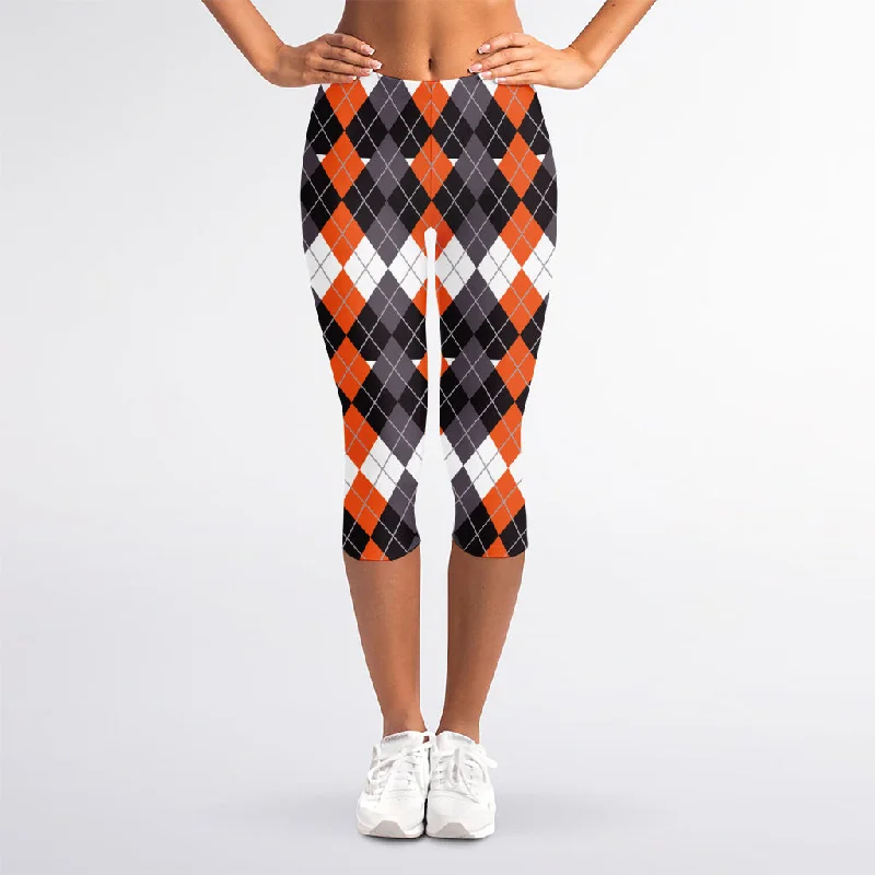 Halloween Themed Argyle Pattern Print Women's Capri Leggings Trendy Activewear Leggings