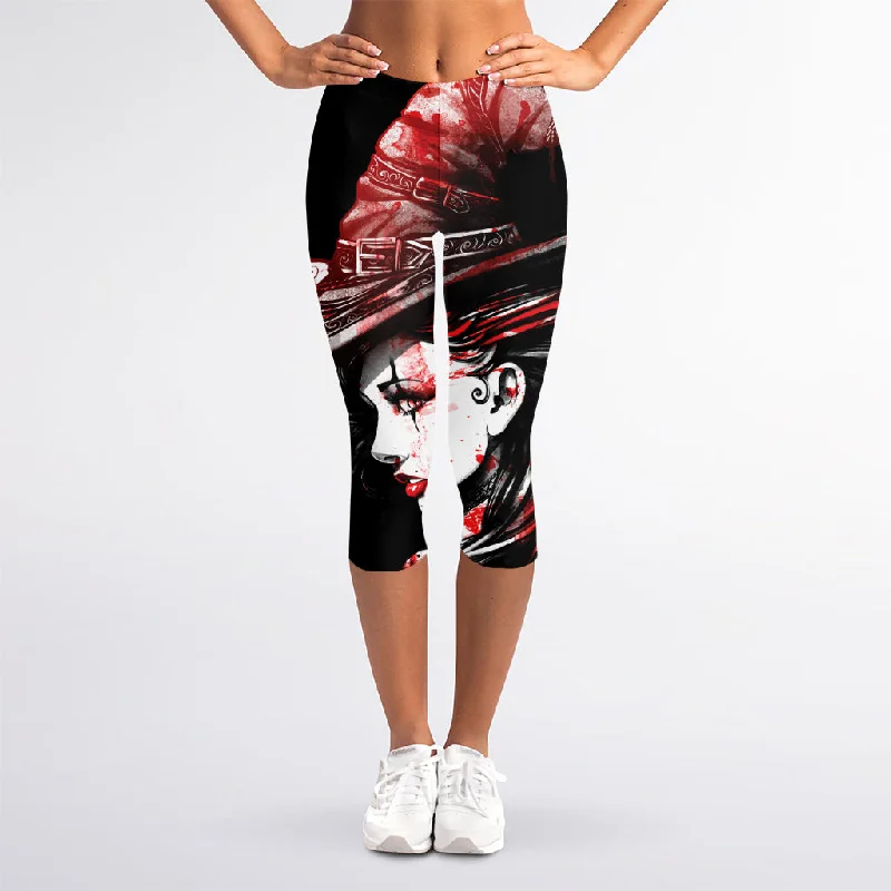 Halloween Vampire Girl Print Women's Capri Leggings Stylish High-Waisted Leggings