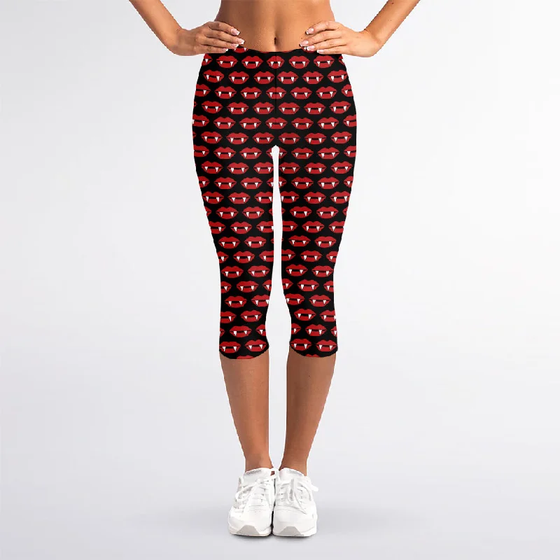 Halloween Vampire Lips Pattern Print Women's Capri Leggings Stylish Lightweight Leggings