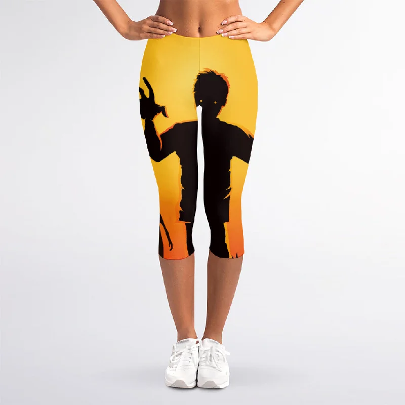 Halloween Walking Zombie Print Women's Capri Leggings Trendy Patterned Leggings