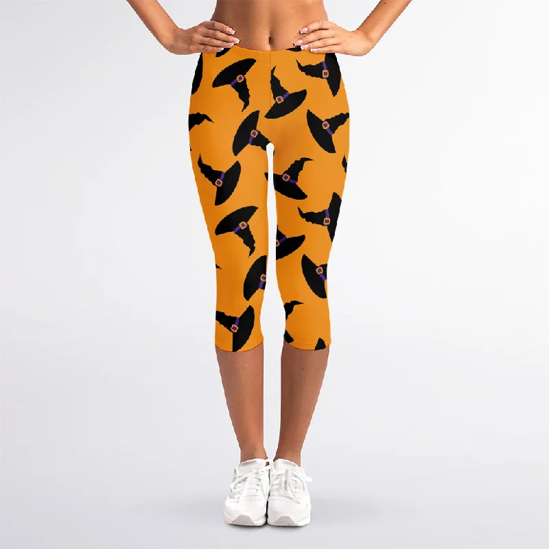 Halloween Witch Hat Pattern Print Women's Capri Leggings Elegant Casual Fit Leggings