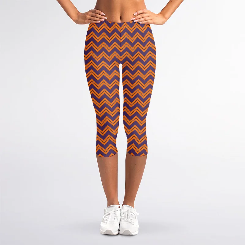 Halloween Zigzag Pattern Print Women's Capri Leggings Stylish Printed Sport Leggings