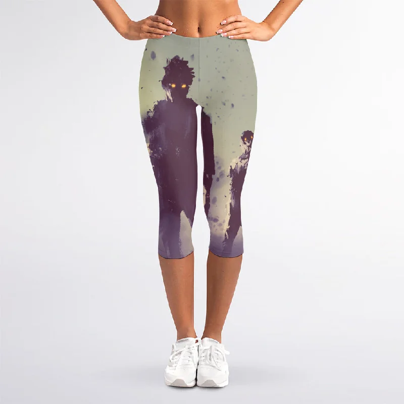 Halloween Zombie Crowd Print Women's Capri Leggings Trendy Flared Leggings