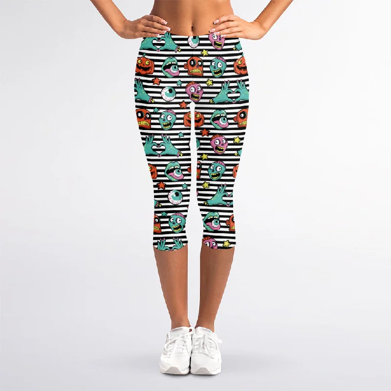 Halloween Zombie Striped Pattern Print Women's Capri Leggings Stylish Side-Stripe Leggings