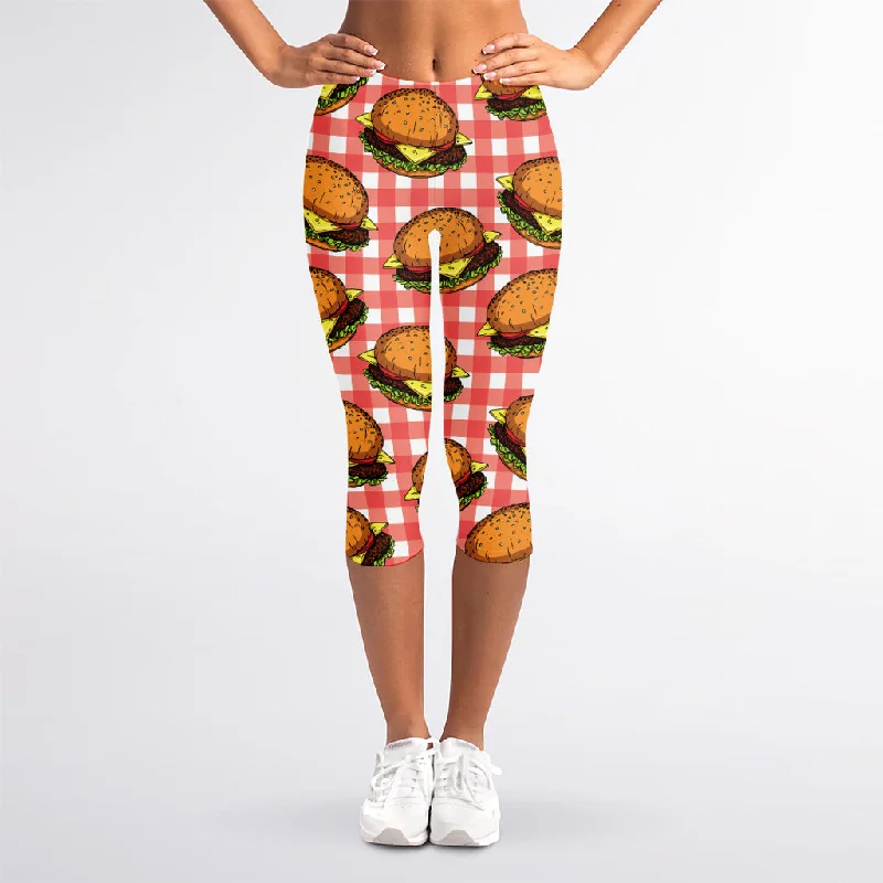 Hamburger Plaid Pattern Print Women's Capri Leggings Trendy Colorblock Print Leggings