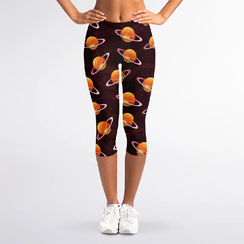 Hamburger Planet Pattern Print Women's Capri Leggings Comfortable Athletic Tights