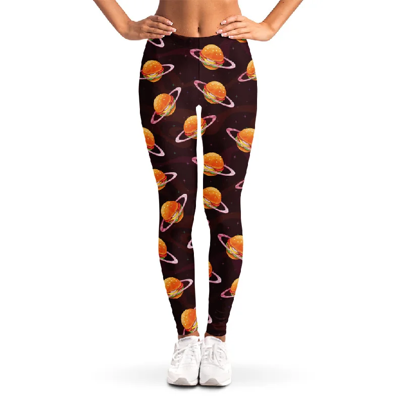 Hamburger Planet Pattern Print Women's Leggings Trendy Black Mesh Leggings