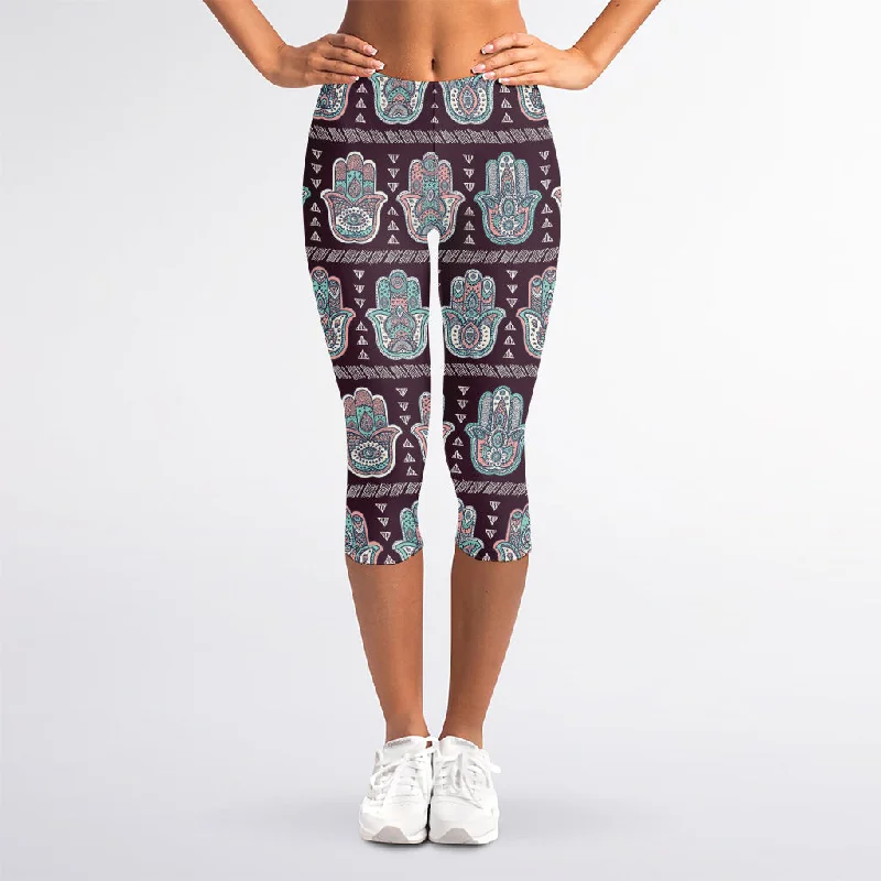 Hamsa Symbol Pattern Print Women's Capri Leggings Fashionable Quick-Dry Yoga Pants