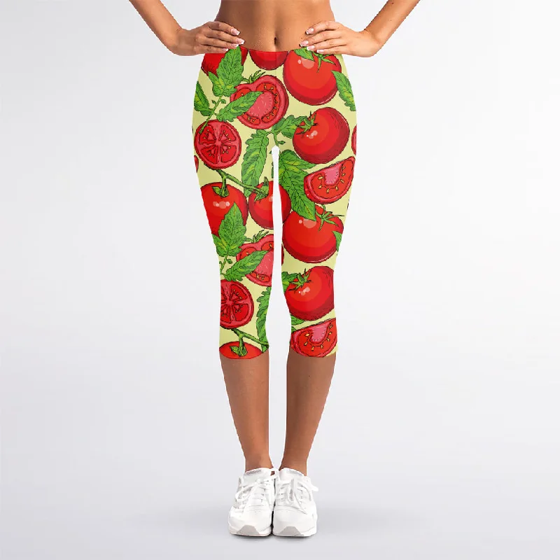 Hand Drawn Tomato Pattern Print Women's Capri Leggings Elegant Printed Leggings with Pockets