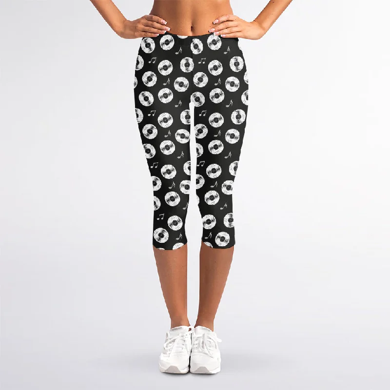 Hand Drawn Vinyl Record Pattern Print Women's Capri Leggings Trendy Minimalist Leggings