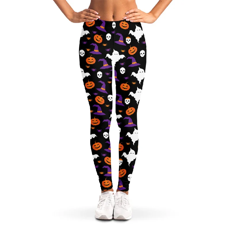 Happy Halloween Ghost Pattern Print Women's Leggings Elegant Stretchy Faux Leather Leggings