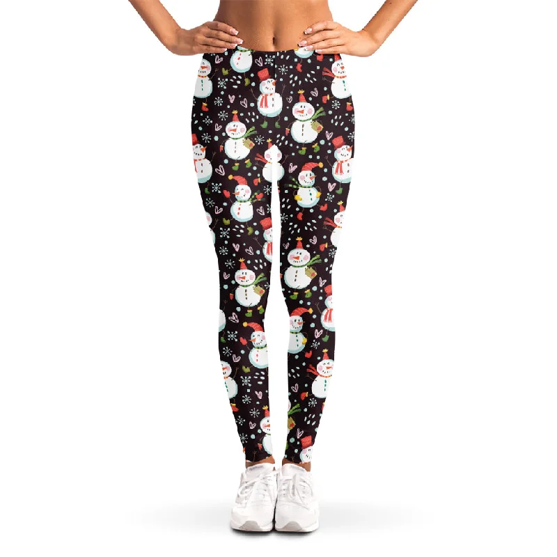 Happy Snowman Pattern Print Women's Leggings Trendy Side-Pocket Leggings