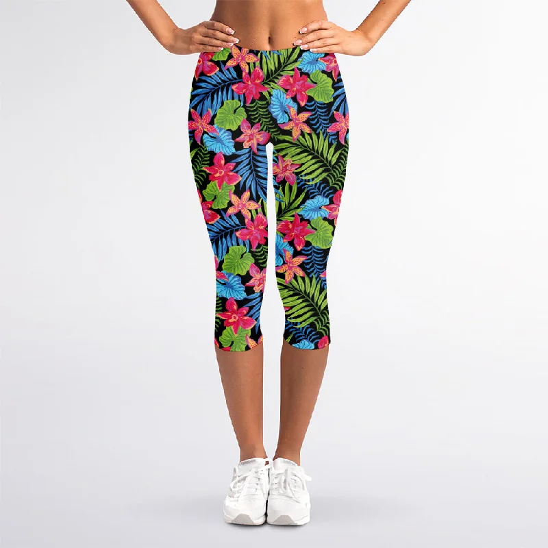 Hawaiian Floral Pattern Print Women's Capri Leggings Comfortable Running Leggings