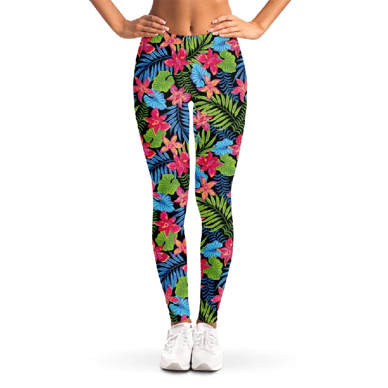 Hawaiian Floral Pattern Print Women's Leggings Elegant Satin Finish Leggings