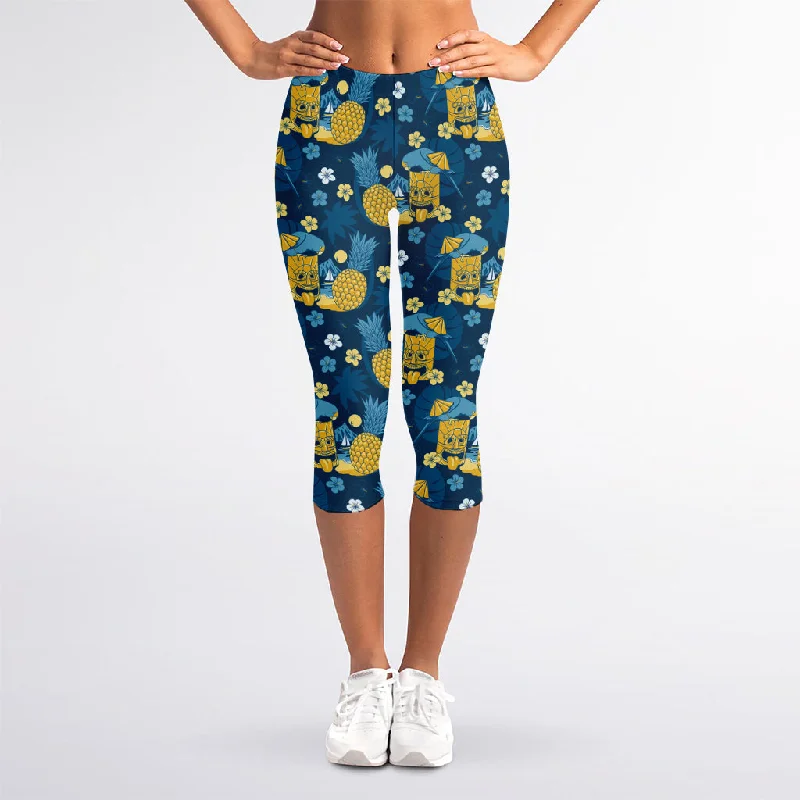 Hawaiian Tiki Pattern Print Women's Capri Leggings Fashionable Sports Compression Leggings