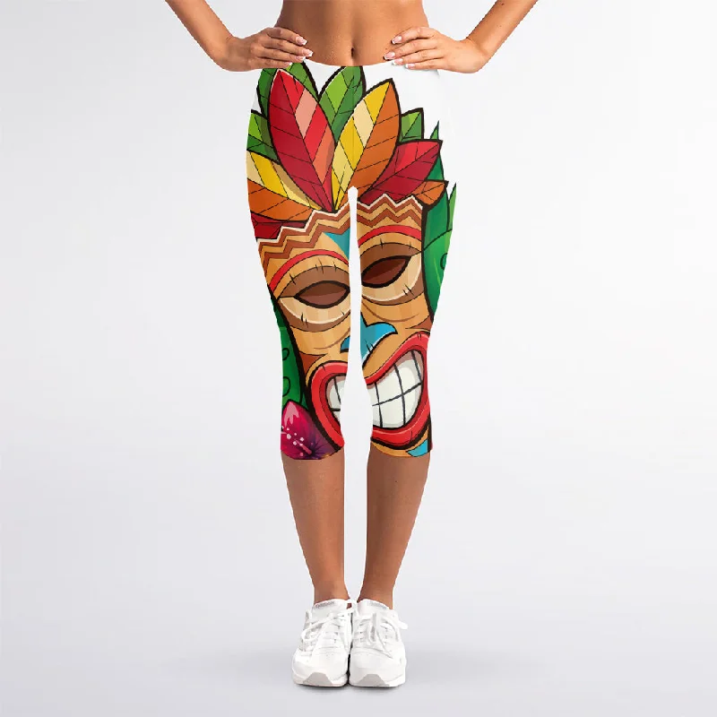 Hawaiian Tiki Print Women's Capri Leggings Stylish Stretch Pants Leggings