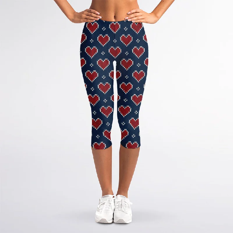 Heart Knitted Pattern Print Women's Capri Leggings Trendy Adjustable Waist Leggings