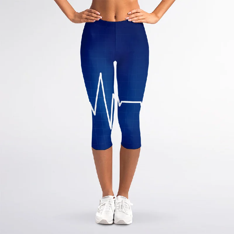 Heartbeat Cardiogram Print Women's Capri Leggings Comfortable Ribbed Waistband Leggings