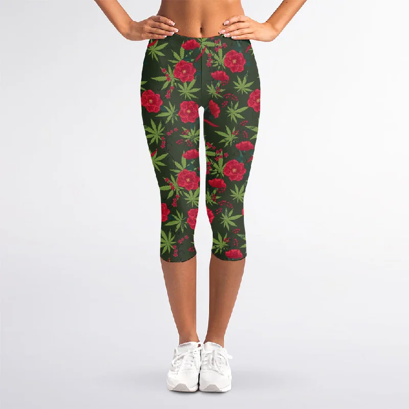 Hemp Leaves And Flowers Pattern Print Women's Capri Leggings Comfortable Power Mesh Leggings