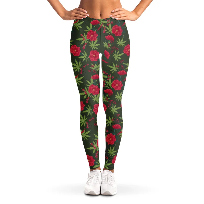 Hemp Leaves And Flowers Pattern Print Women's Leggings Cozy Cotton Leggings