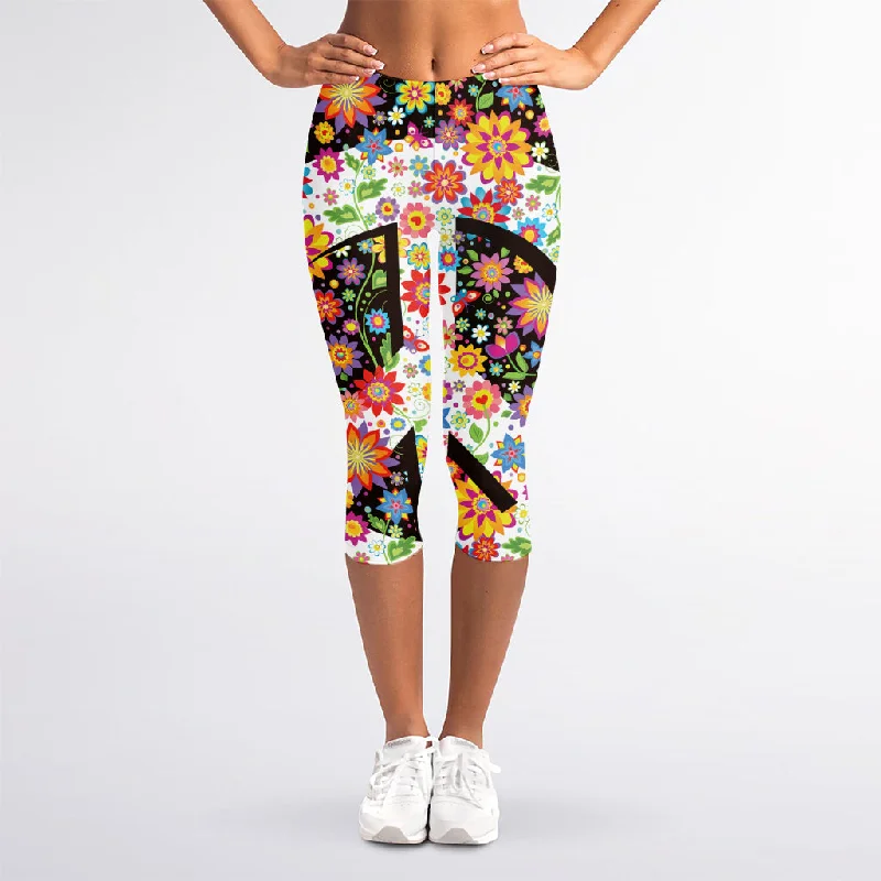 Hippie Flower Peace Sign Print Women's Capri Leggings Comfortable Bootcut Workout Leggings