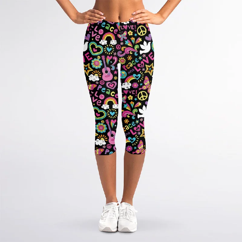 Hippie Peace Sign And Love Pattern Print Women's Capri Leggings Trendy Foil Finish Leggings