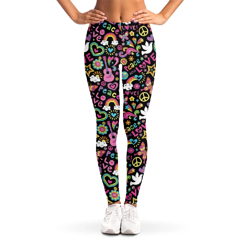 Hippie Peace Sign And Love Pattern Print Women's Leggings Chic Workout Leggings