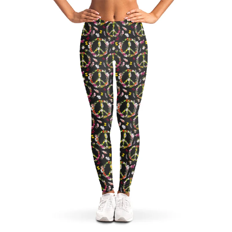 Hippie Peace Sign Flower Pattern Print Women's Leggings Fashionable Printed Leggings