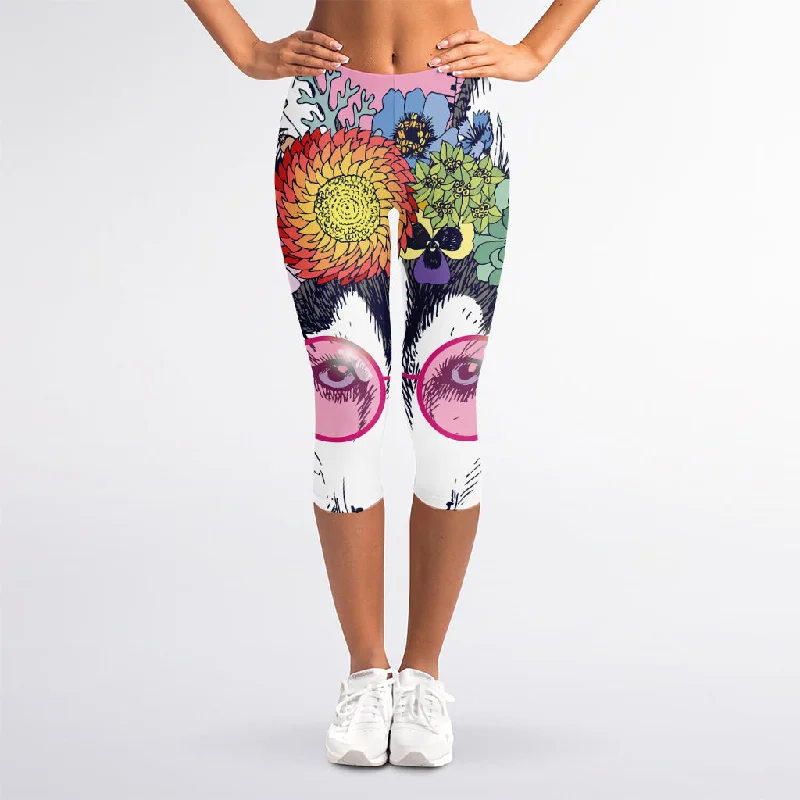 Hippie Siberian Husky Print Women's Capri Leggings Trendy Tie-Dye Leggings