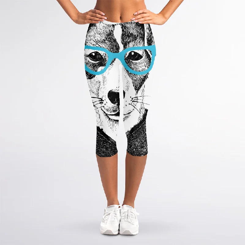 Hipster Jack Russell Terrier Print Women's Capri Leggings Comfortable Lounge Leggings