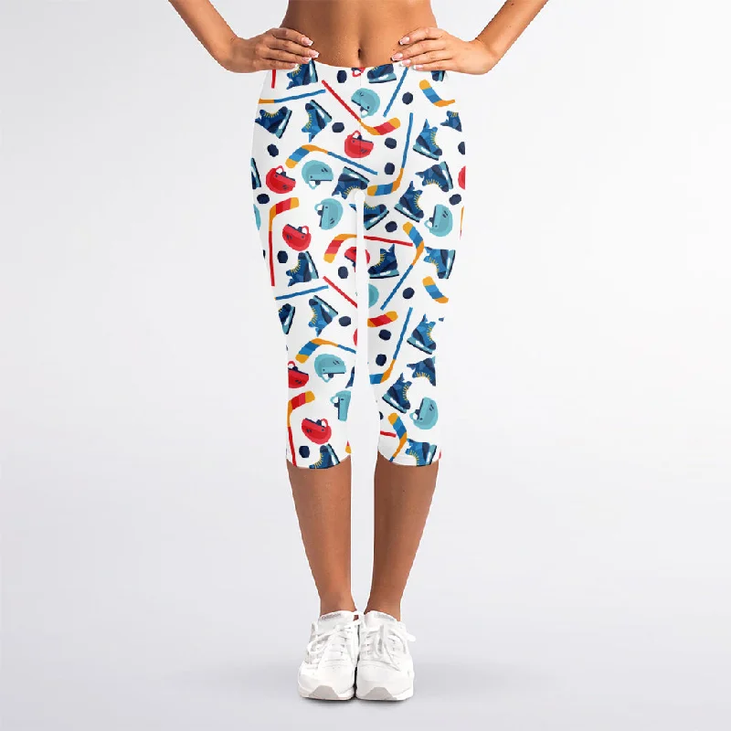 Hockey Equipment Pattern Print Women's Capri Leggings Trendy Activewear Leggings