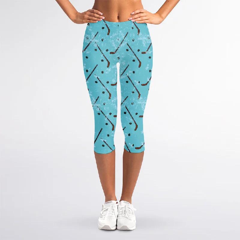 Hockey Stick And Puck Pattern Print Women's Capri Leggings Fashionable Tummy Control Leggings