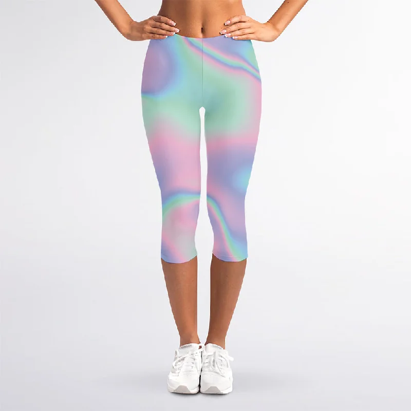 Holographic Waves Print Women's Capri Leggings Comfortable Plus Size Leggings